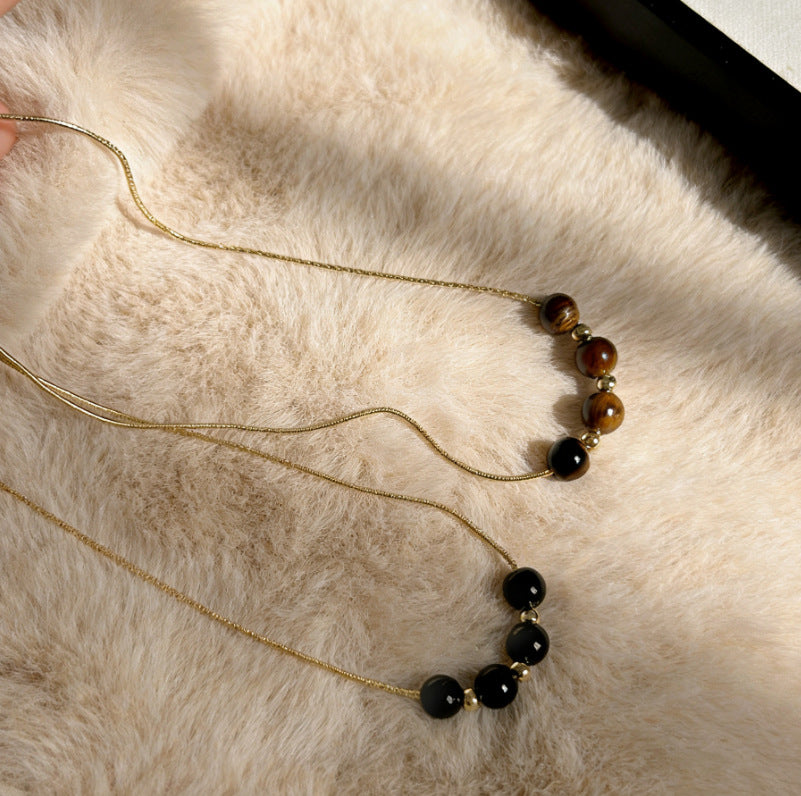 Maillard Style Beaded Chain Necklace With Electroplated Gold Plating Featuring Natural Stone Pendant And Imitation Pearl Beads