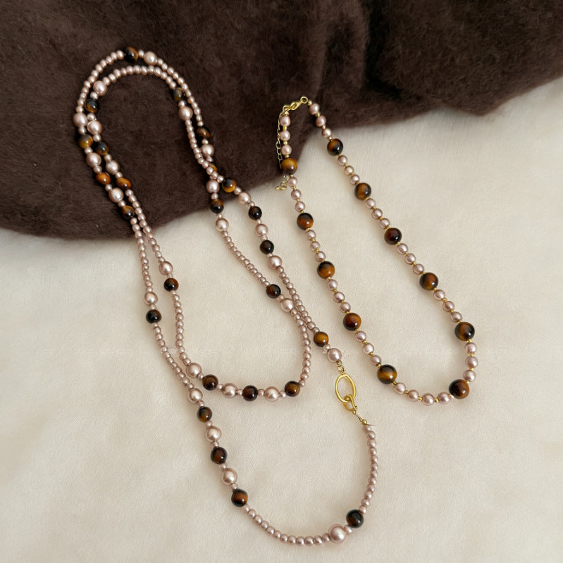 Maillard Style Beaded Chain Necklace With Electroplated Gold Plating Featuring Natural Stone Pendant And Imitation Pearl Beads