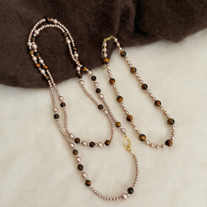Maillard Style Beaded Chain Necklace With Electroplated Gold Plating Featuring Natural Stone Pendant And Imitation Pearl Beads