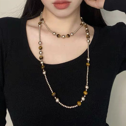Maillard Style Beaded Chain Necklace With Electroplated Gold Plating Featuring Natural Stone Pendant And Imitation Pearl Beads