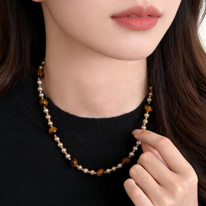 Maillard Style Beaded Chain Necklace With Electroplated Gold Plating Featuring Natural Stone Pendant And Imitation Pearl Beads