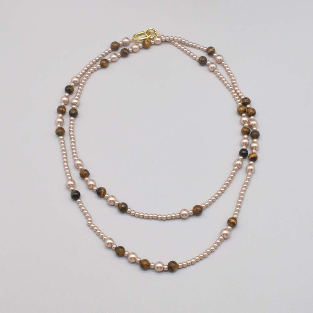 Maillard Style Beaded Chain Necklace With Electroplated Gold Plating Featuring Natural Stone Pendant And Imitation Pearl Beads