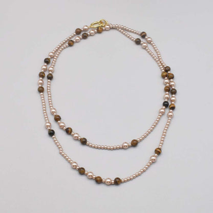 Maillard Style Beaded Chain Necklace With Electroplated Gold Plating Featuring Natural Stone Pendant And Imitation Pearl Beads