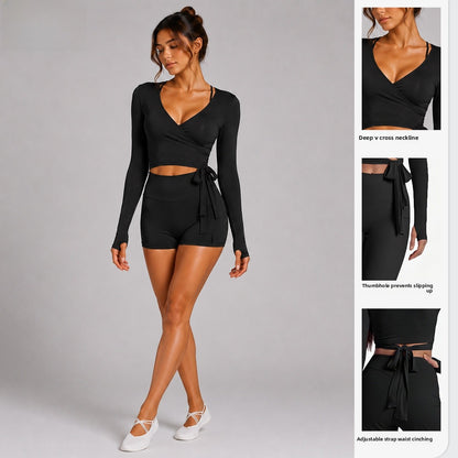 Sport Yoga Shorts For Women In High Elasticity Nylon Fabric With Long Sleeve Design, Perfect For Yoga