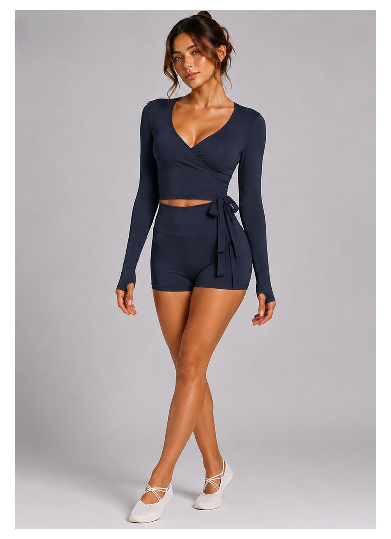 Sport Yoga Shorts For Women In High Elasticity Nylon Fabric With Long Sleeve Design, Perfect For Yoga