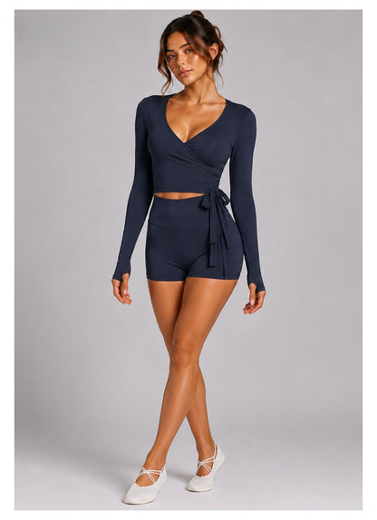 Sport Yoga Shorts For Women In High Elasticity Nylon Fabric With Long Sleeve Design, Perfect For Yoga