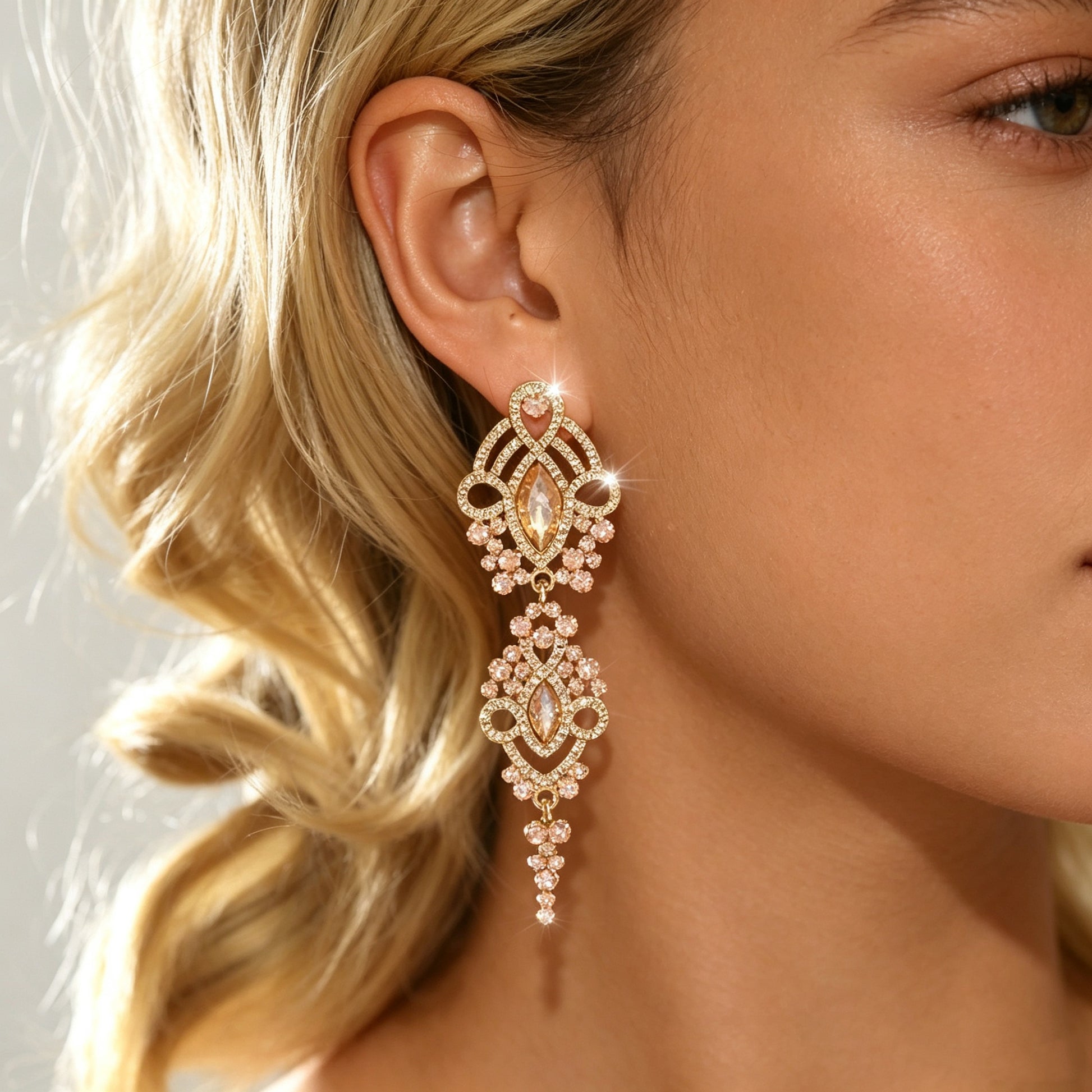 Elegant Geometric Drop Earrings For Women With KC Golden Plated Zinc Alloy And Rhinestone Bezel Setting
