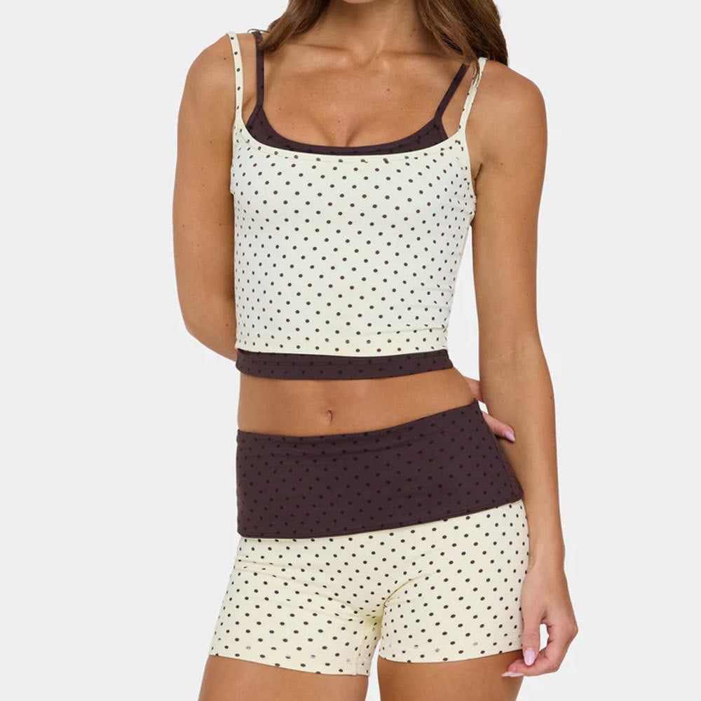 Sporty Polka Dots Yoga Shorts With Contrast Binding, Sleeveless Nylon Jumpsuit For Women