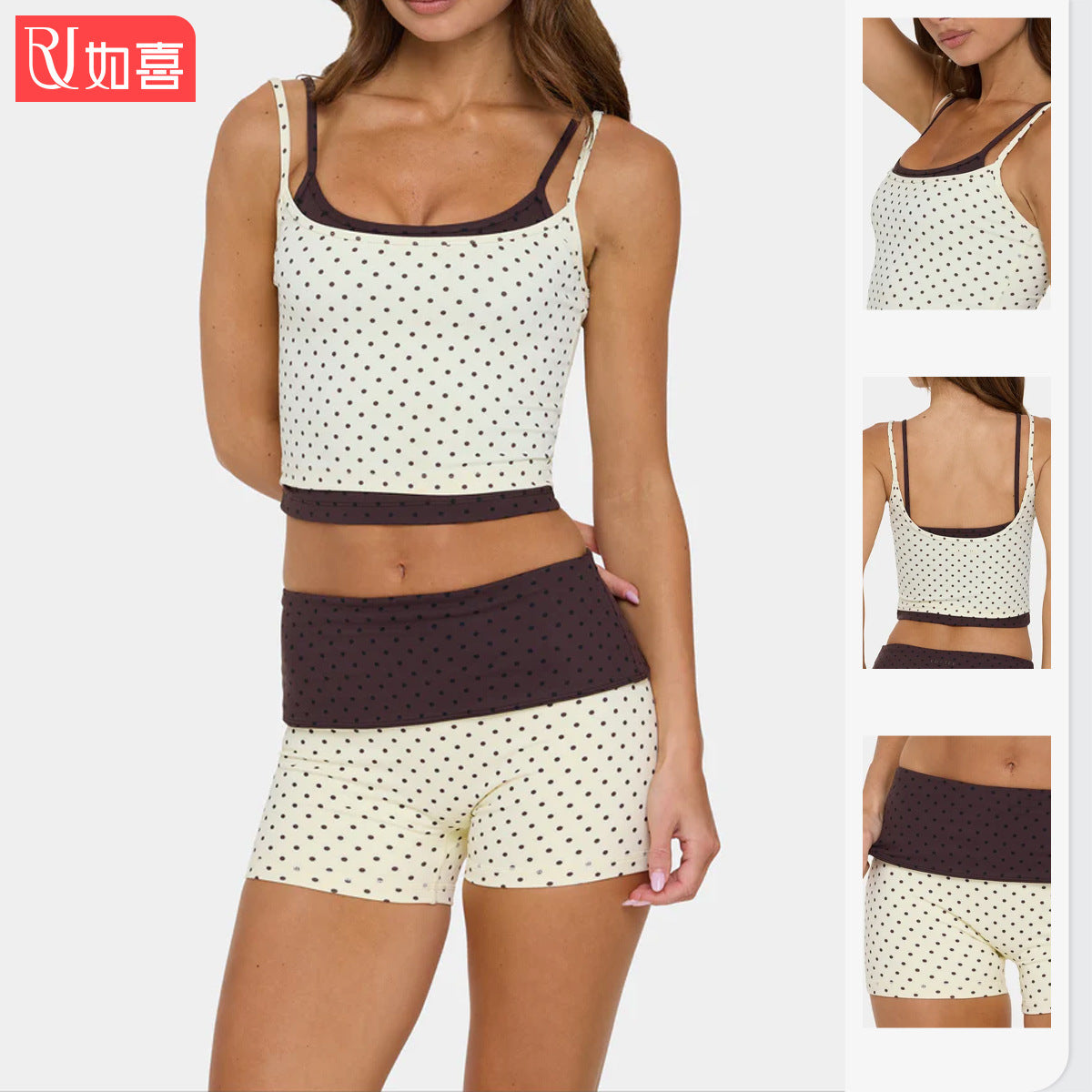 Sporty Polka Dots Yoga Shorts With Contrast Binding, Sleeveless Nylon Jumpsuit For Women