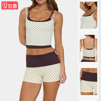 Sporty Polka Dots Yoga Shorts With Contrast Binding, Sleeveless Nylon Jumpsuit For Women