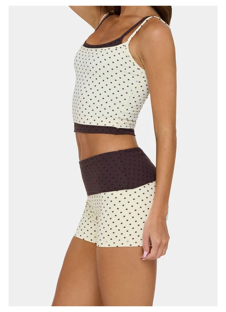 Sporty Polka Dots Yoga Shorts With Contrast Binding, Sleeveless Nylon Jumpsuit For Women