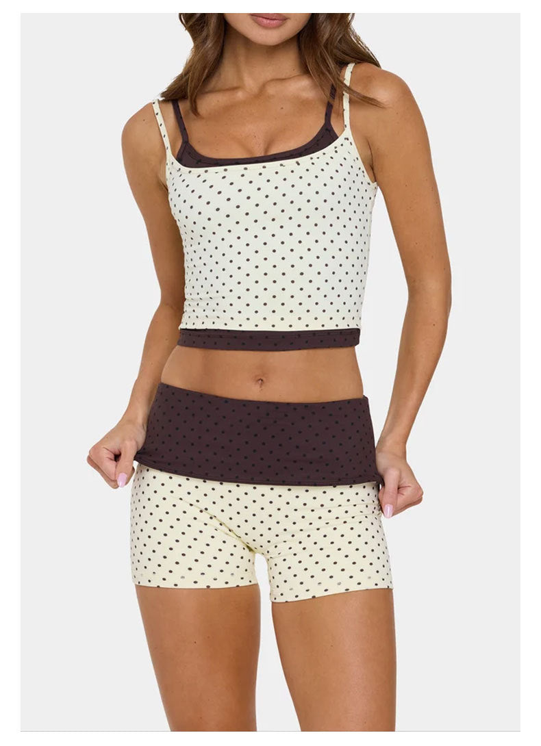 Sporty Polka Dots Yoga Shorts With Contrast Binding, Sleeveless Nylon Jumpsuit For Women