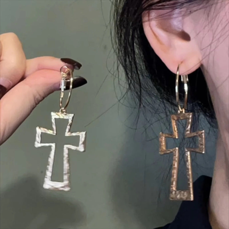 Punk Cross Earrings For Women, Hammered Zinc Alloy With 14K Real Gold Plated Coating, 0.03µm Thickness