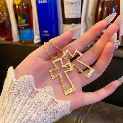 Punk Cross Earrings For Women, Hammered Zinc Alloy With 14K Real Gold Plated Coating, 0.03µm Thickness