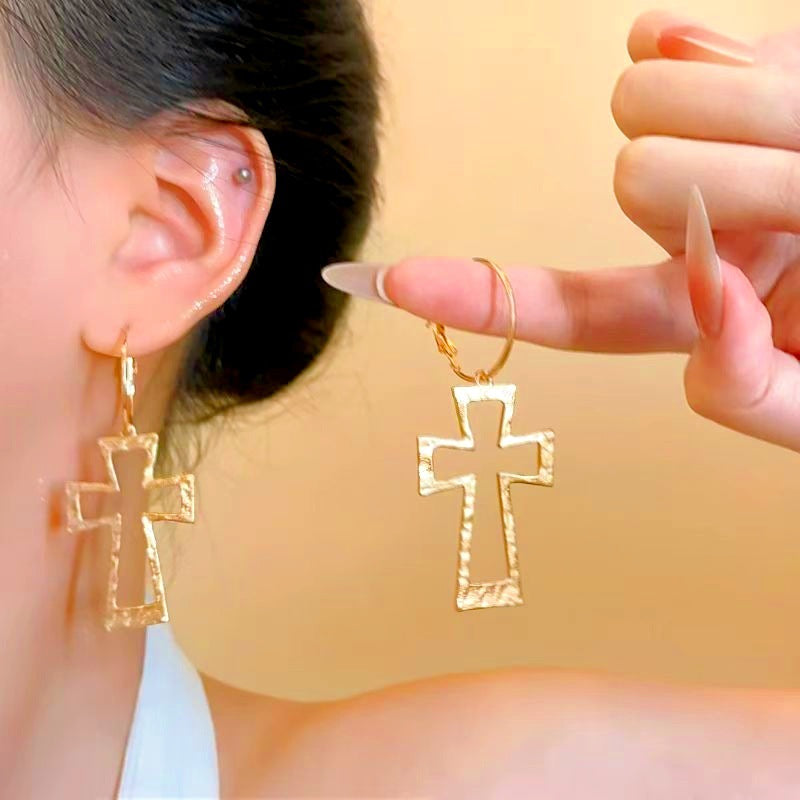 Punk Cross Earrings For Women, Hammered Zinc Alloy With 14K Real Gold Plated Coating, 0.03µm Thickness