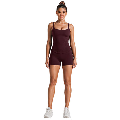 Sport Running Shorts For Women In Stretchy Nylon Fabric With Backless Design And Sleeveless Style