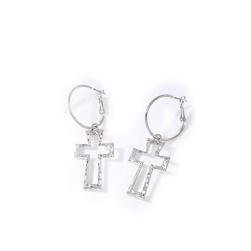 Punk Cross Earrings For Women, Hammered Zinc Alloy With 14K Real Gold Plated Coating, 0.03µm Thickness
