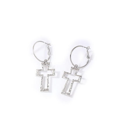Punk Cross Earrings For Women, Hammered Zinc Alloy With 14K Real Gold Plated Coating, 0.03µm Thickness