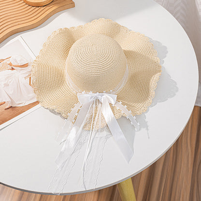 Original Design Women's Straw Bow Tie Straw Hat With Rolled Brim Featuring UV Protection
