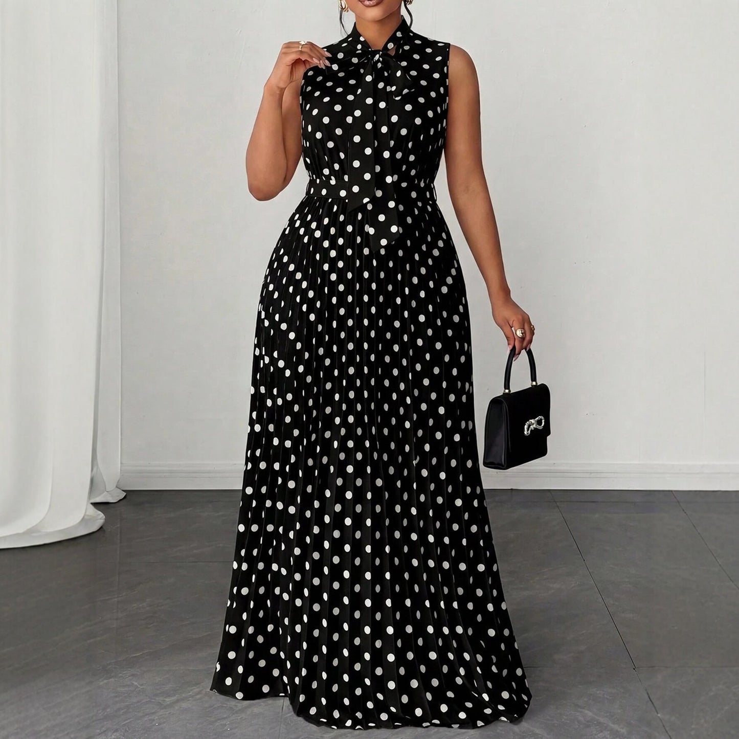 Elegant Women’s Sleeveless Polka Dot Dress In Polyester Fabric For Daily Wear