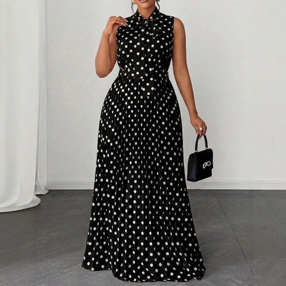 Elegant Women’s Sleeveless Polka Dot Dress In Polyester Fabric For Daily Wear