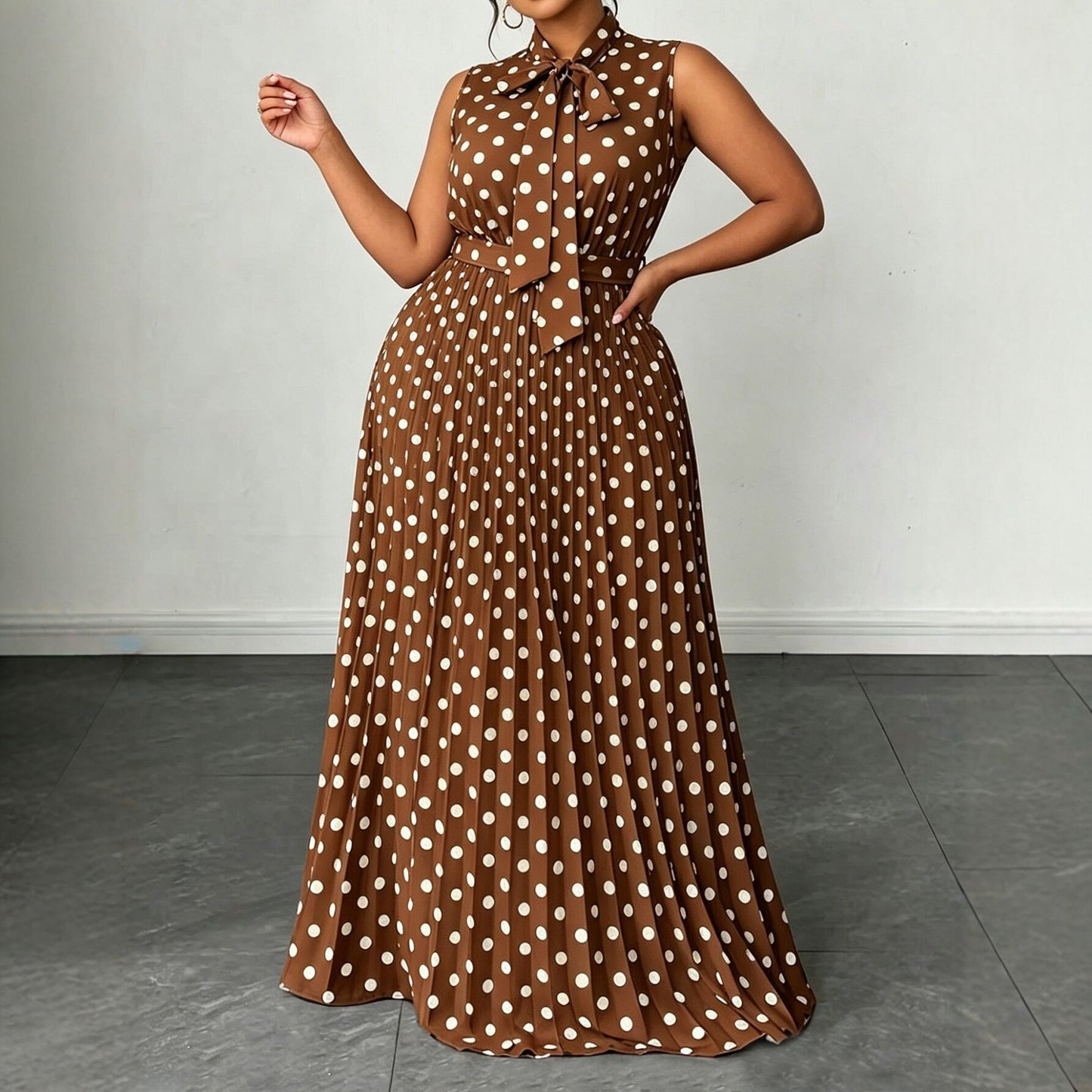 Elegant Women’s Sleeveless Polka Dot Dress In Polyester Fabric For Daily Wear