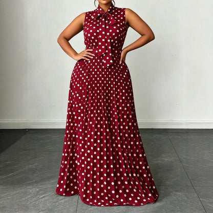 Elegant Women’s Sleeveless Polka Dot Dress In Polyester Fabric For Daily Wear