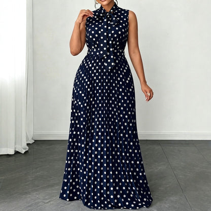 Elegant Women’s Sleeveless Polka Dot Dress In Polyester Fabric For Daily Wear