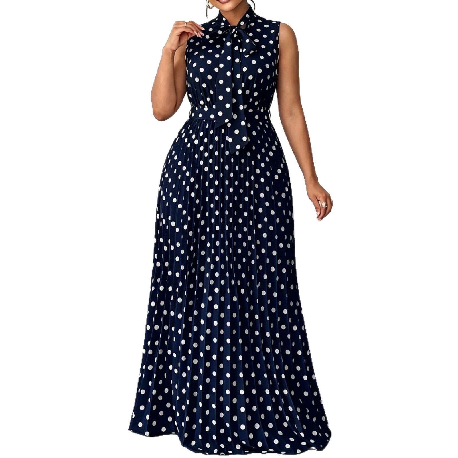 Elegant Women’s Sleeveless Polka Dot Dress In Polyester Fabric For Daily Wear