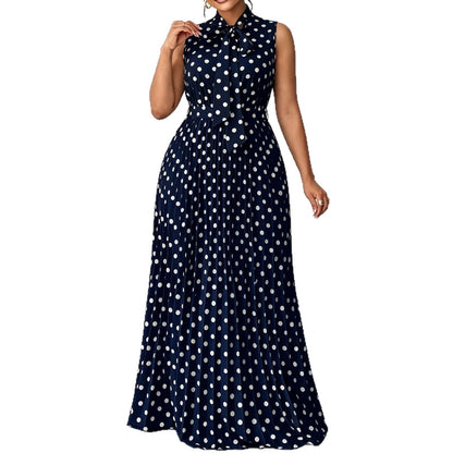 Elegant Women’s Sleeveless Polka Dot Dress In Polyester Fabric For Daily Wear