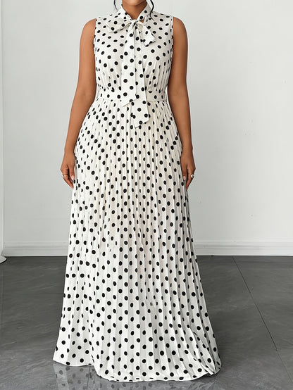 Elegant Women’s Sleeveless Polka Dot Dress In Polyester Fabric For Daily Wear