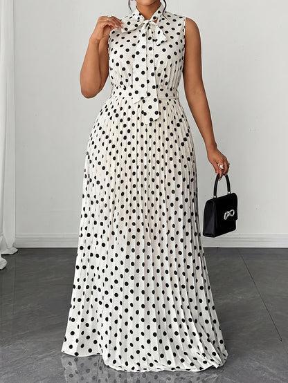 Elegant Women’s Sleeveless Polka Dot Dress In Polyester Fabric For Daily Wear