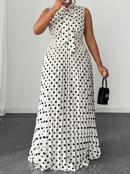 Elegant Women’s Sleeveless Polka Dot Dress In Polyester Fabric For Daily Wear