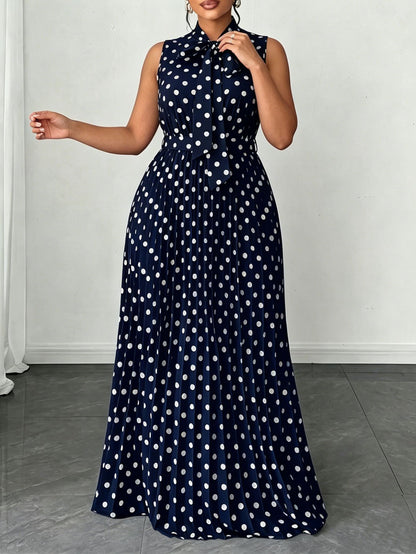 Elegant Women’s Sleeveless Polka Dot Dress In Polyester Fabric For Daily Wear