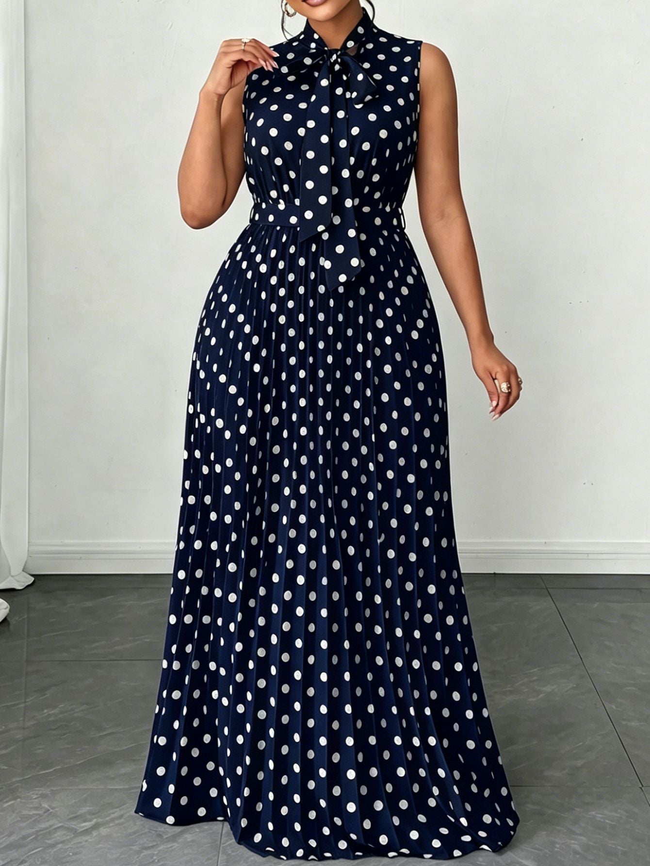 Elegant Women’s Sleeveless Polka Dot Dress In Polyester Fabric For Daily Wear