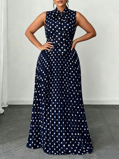 Elegant Women’s Sleeveless Polka Dot Dress In Polyester Fabric For Daily Wear