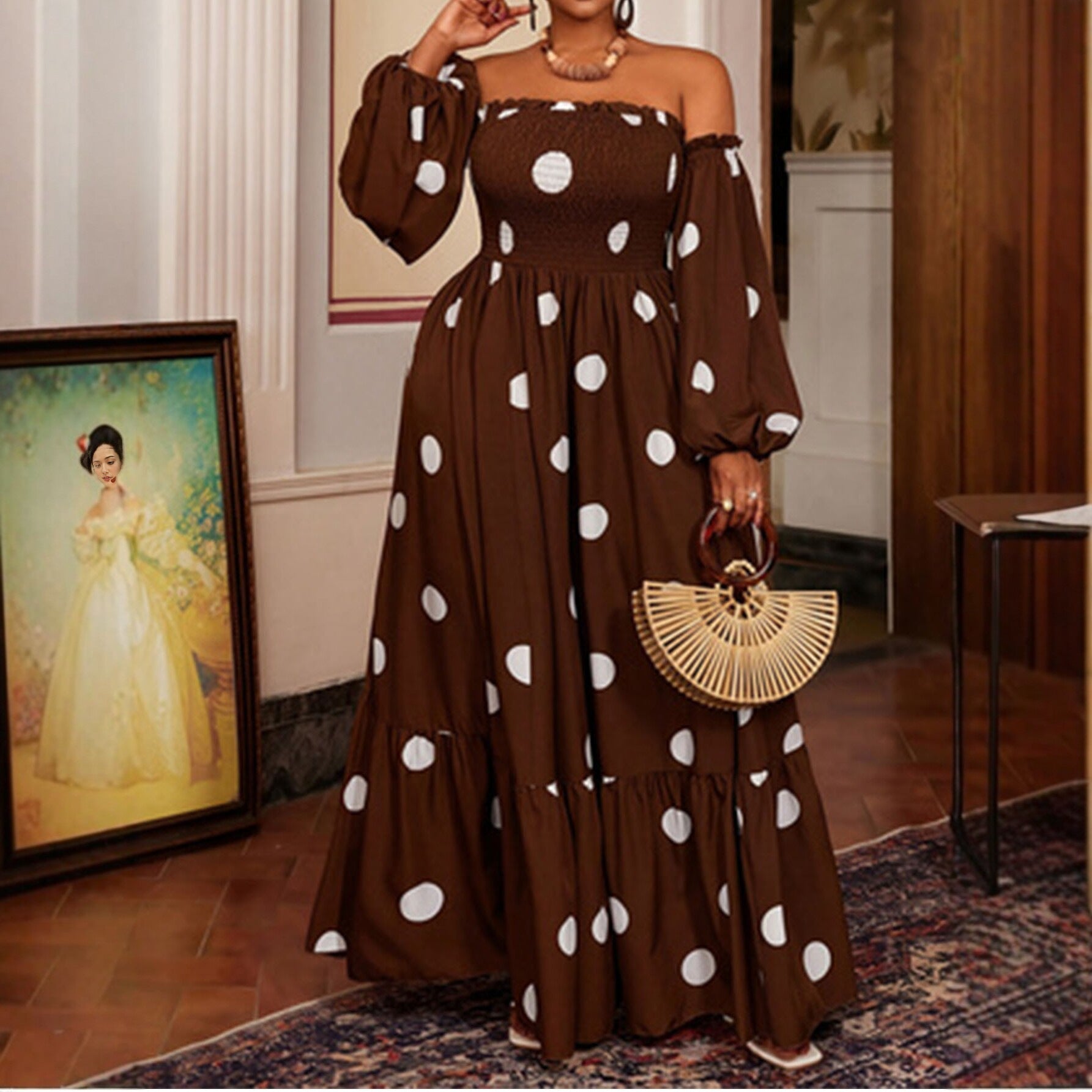 Women's Polka Dot Dress With 3/4 Length Sleeve And Tube Bra Neckline In Polyester For Casual Vacation