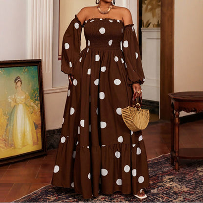 Women's Polka Dot Dress With 3/4 Length Sleeve And Tube Bra Neckline In Polyester For Casual Vacation