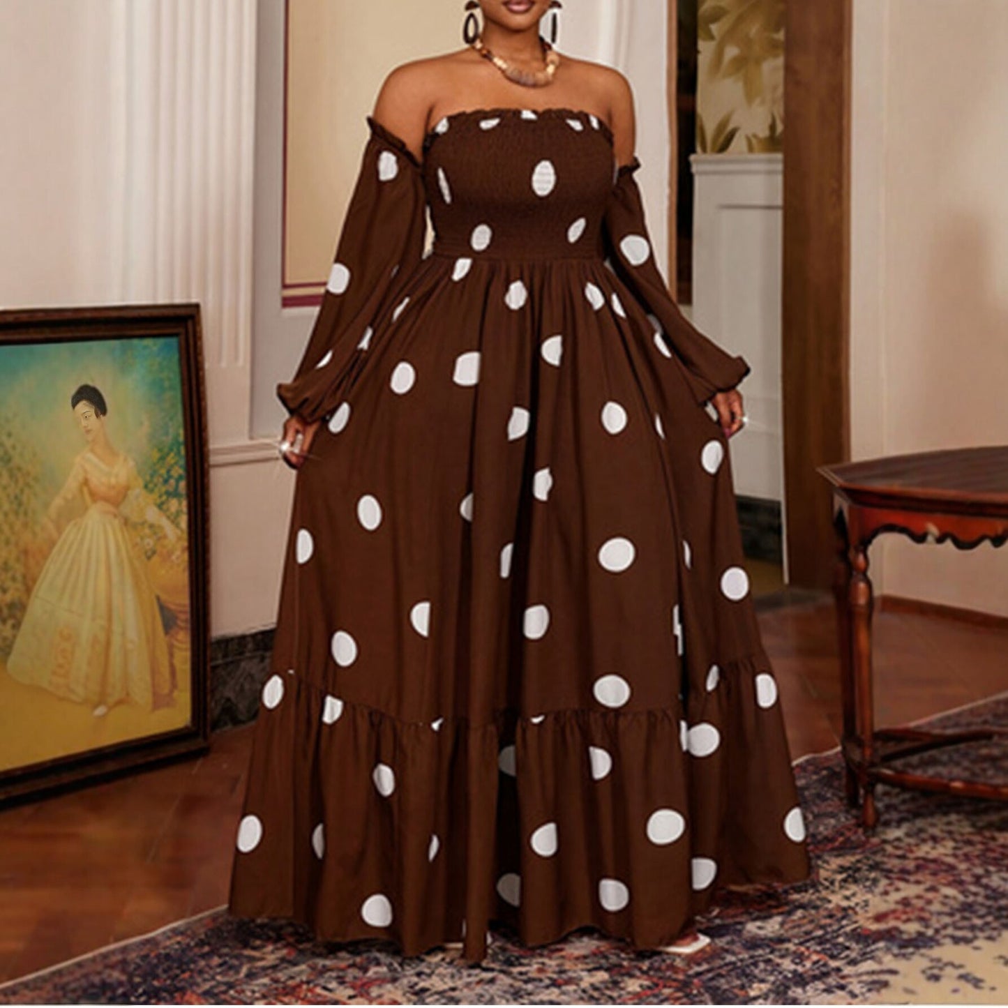 Women's Polka Dot Dress With 3/4 Length Sleeve And Tube Bra Neckline In Polyester For Casual Vacation