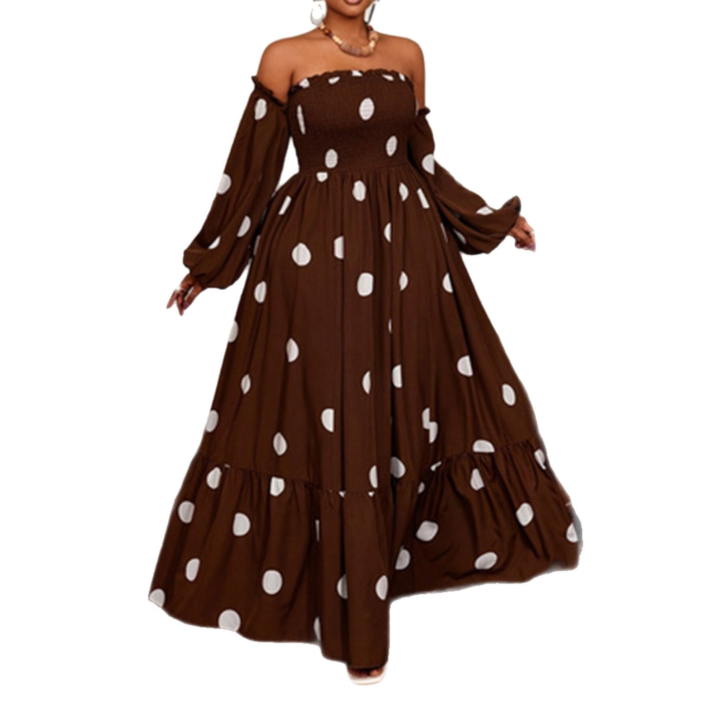 Women's Polka Dot Dress With 3/4 Length Sleeve And Tube Bra Neckline In Polyester For Casual Vacation
