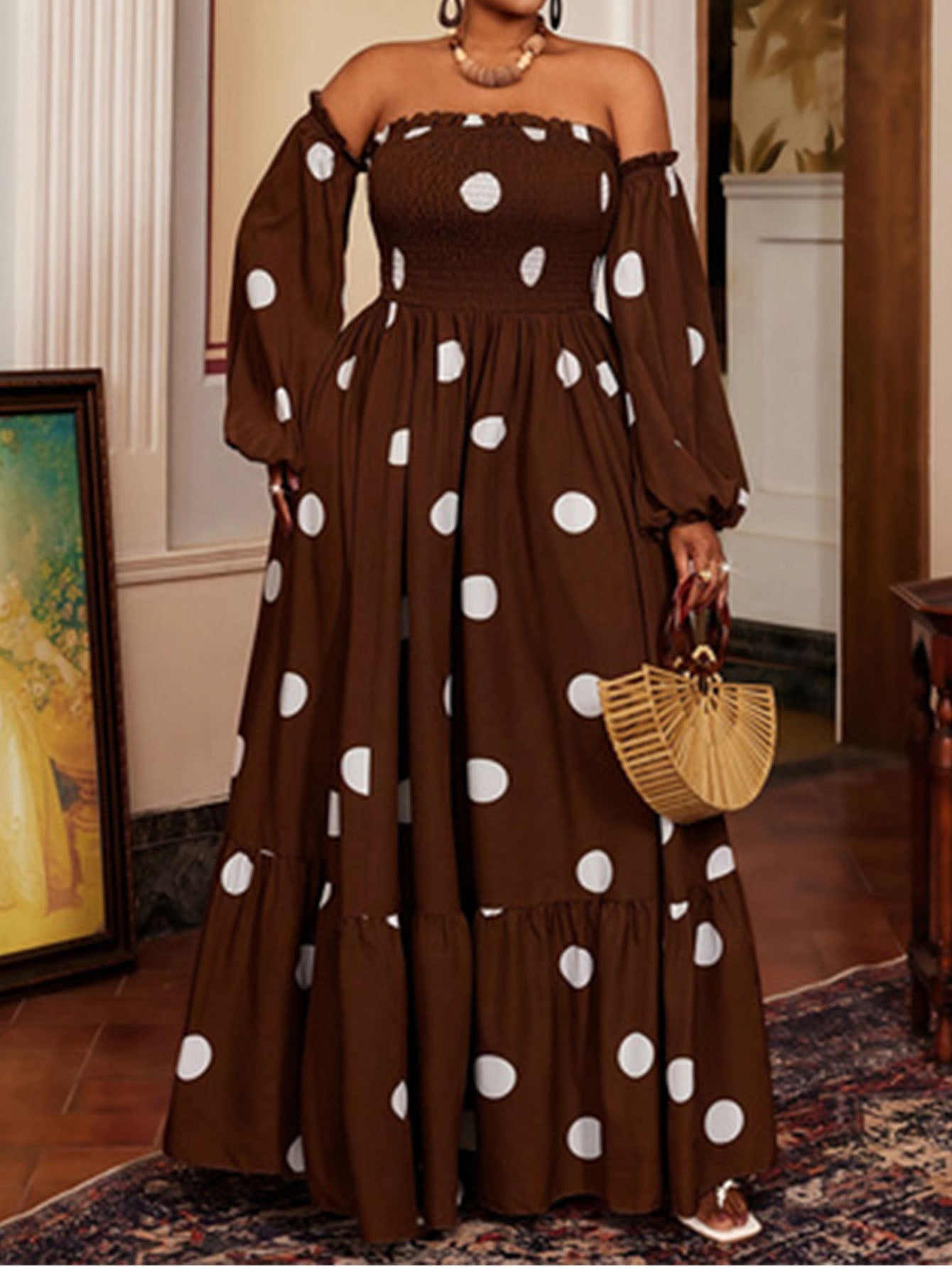 Women's Polka Dot Dress With 3/4 Length Sleeve And Tube Bra Neckline In Polyester For Casual Vacation