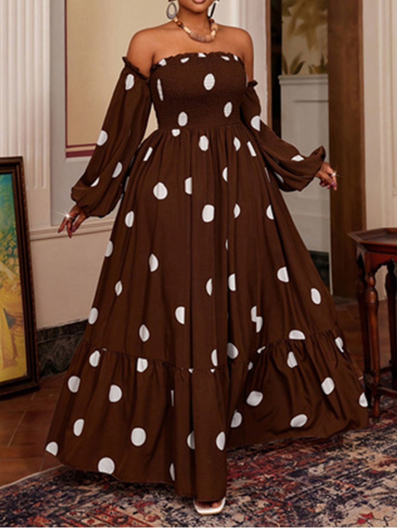 Women's Polka Dot Dress With 3/4 Length Sleeve And Tube Bra Neckline In Polyester For Casual Vacation