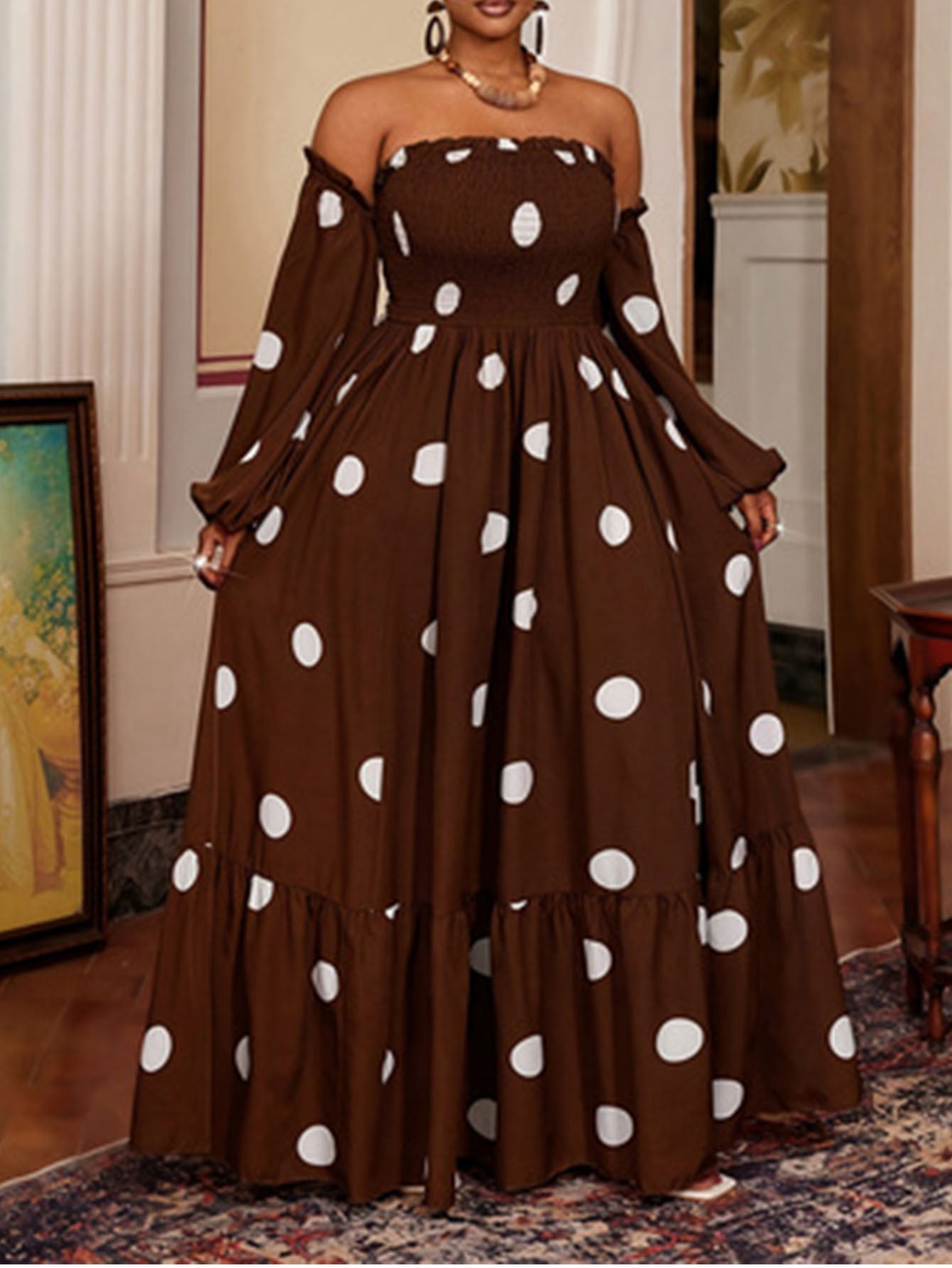Women's Polka Dot Dress With 3/4 Length Sleeve And Tube Bra Neckline In Polyester For Casual Vacation