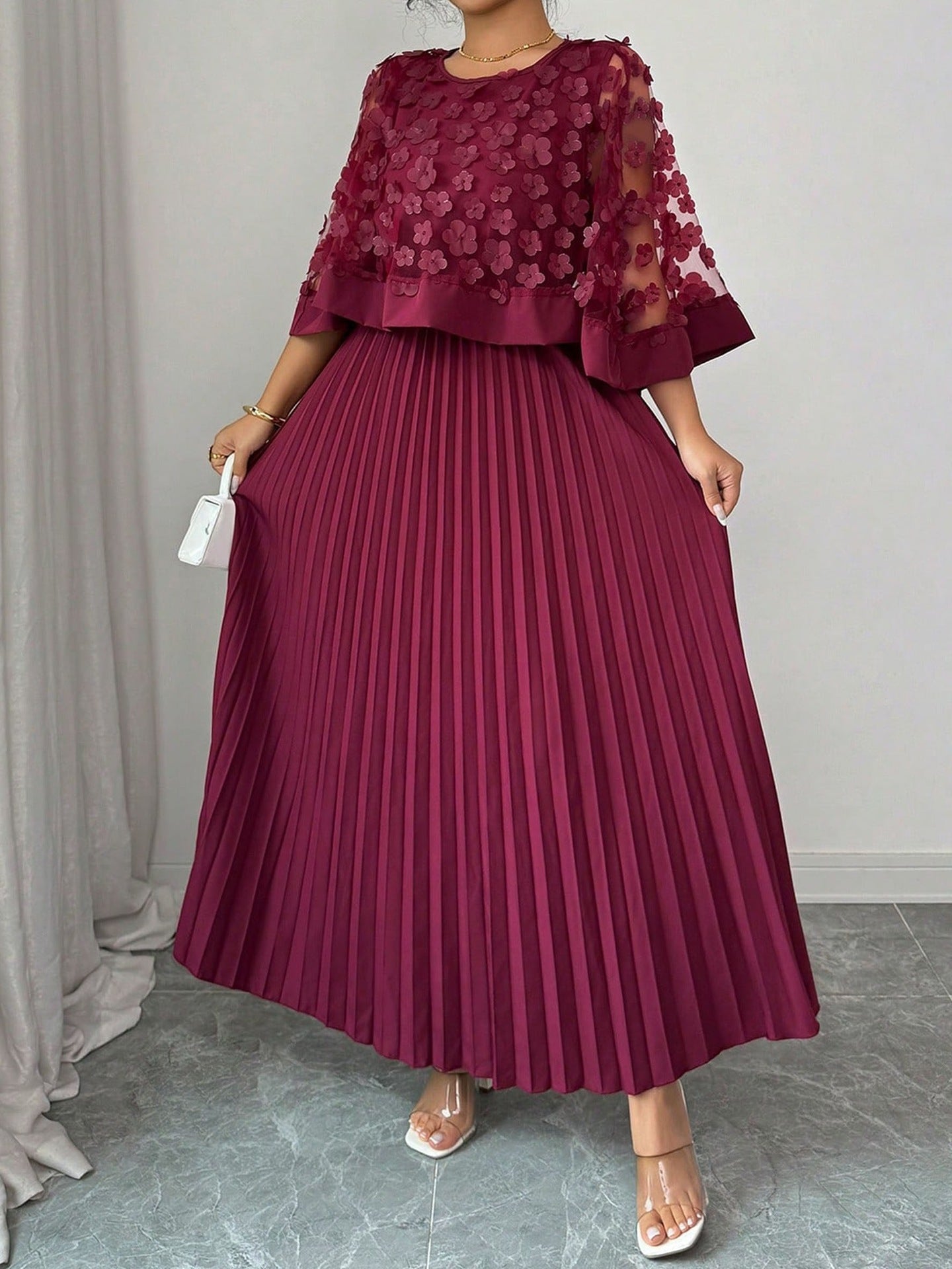 Patchwork Mesh Dress For Women With Round Neck, Vacation Style In Polyester Fabric, Perfect For Travel