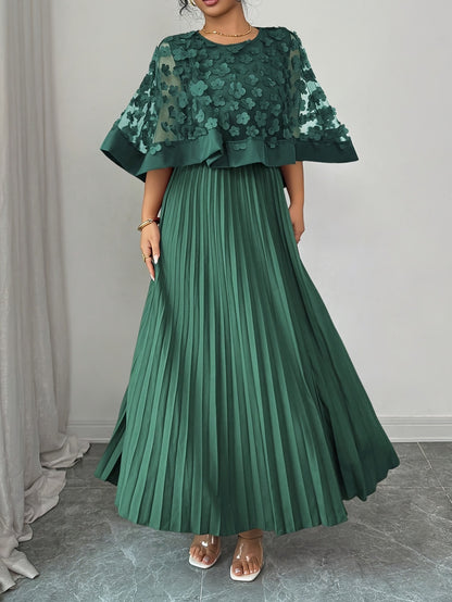 Patchwork Mesh Dress For Women With Round Neck, Vacation Style In Polyester Fabric, Perfect For Travel