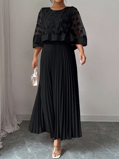 Patchwork Mesh Dress For Women With Round Neck, Vacation Style In Polyester Fabric, Perfect For Travel