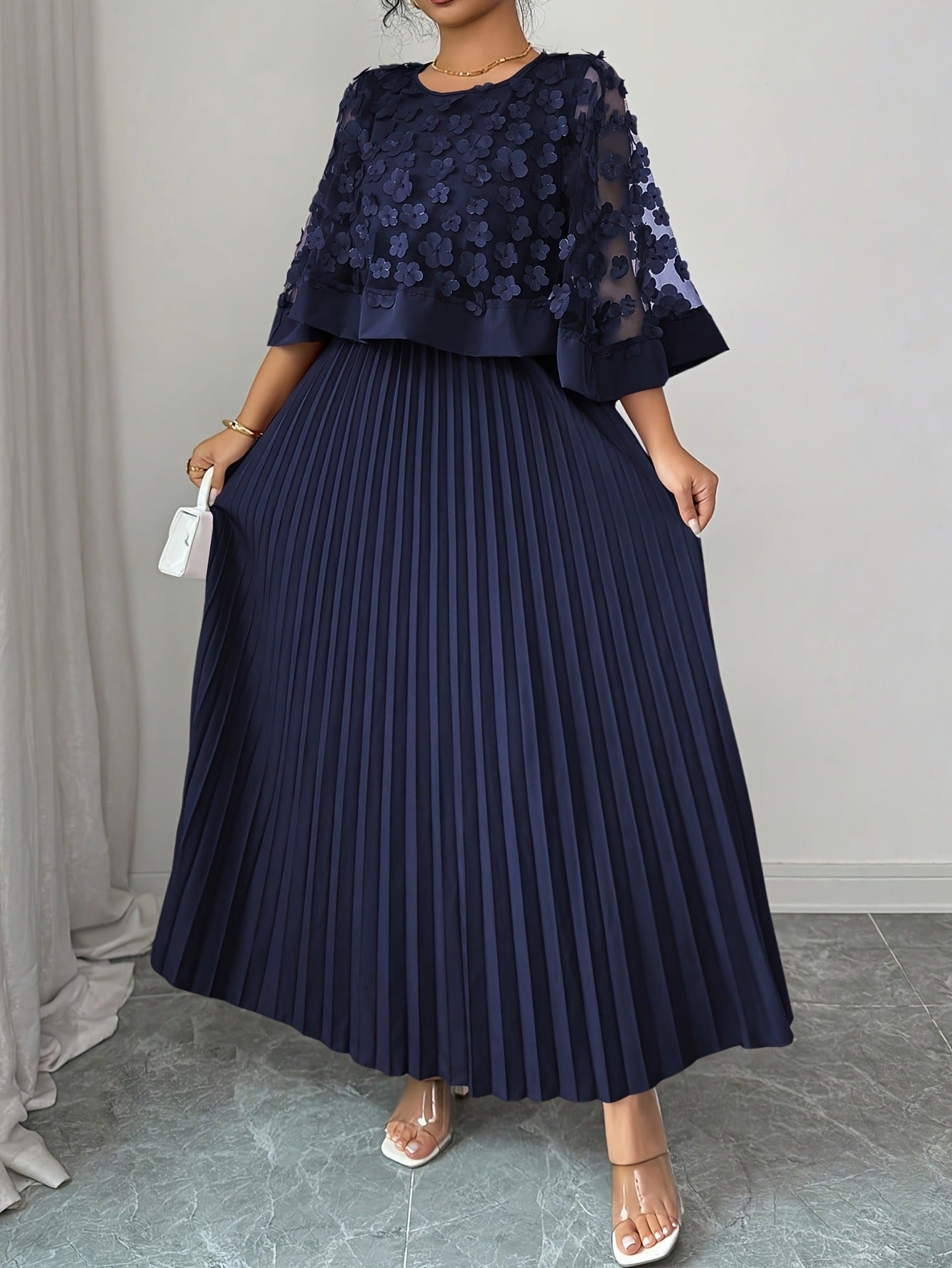 Patchwork Mesh Dress For Women With Round Neck, Vacation Style In Polyester Fabric, Perfect For Travel
