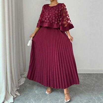 Patchwork Mesh Dress For Women With Round Neck, Vacation Style In Polyester Fabric, Perfect For Travel