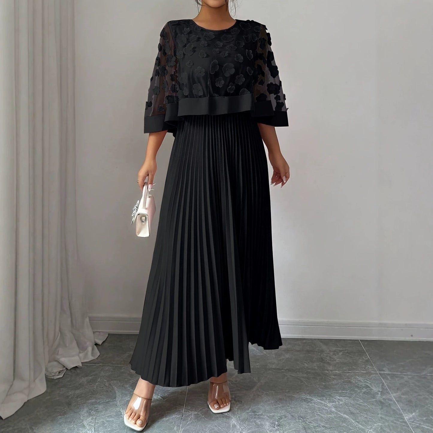 Patchwork Mesh Dress For Women With Round Neck, Vacation Style In Polyester Fabric, Perfect For Travel