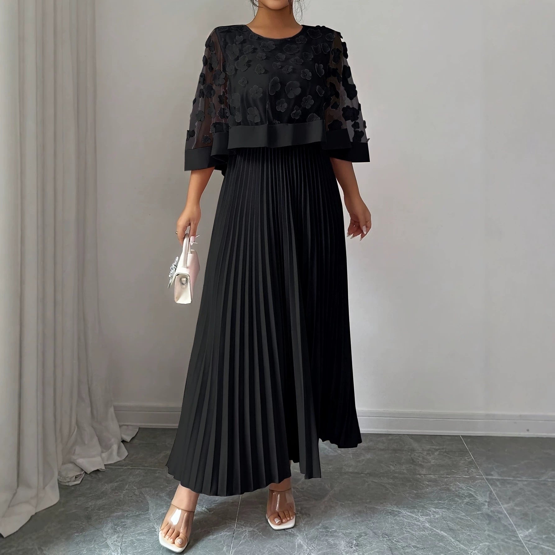 Patchwork Mesh Dress For Women With Round Neck, Vacation Style In Polyester Fabric, Perfect For Travel